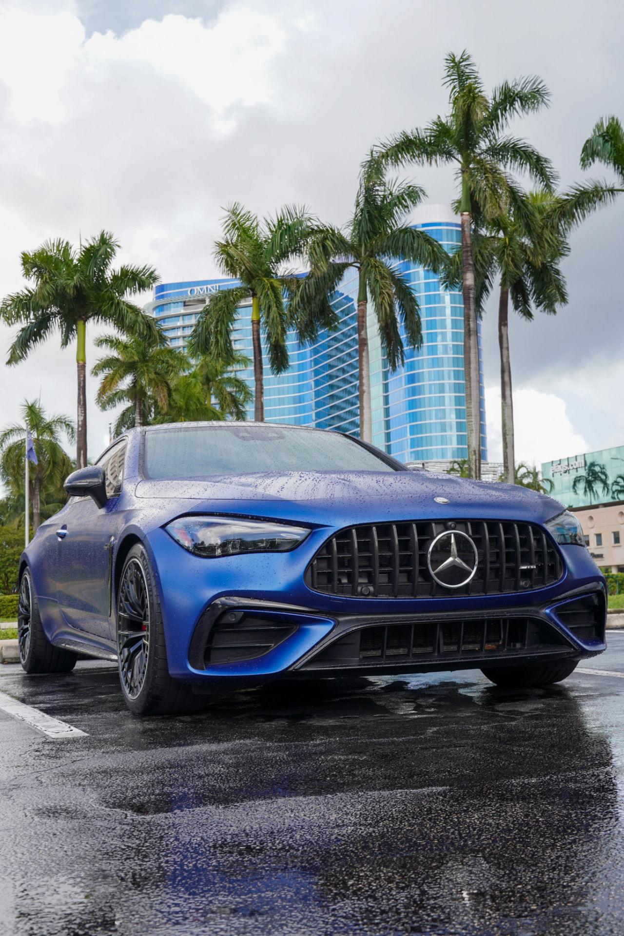 Blue Mercedes under palm trees in front of a glass hotel on wet pavement